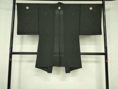 平和屋着物▽男性　黒紋付羽織　スリーシーズン　春夏秋　塵除け　絽　正絹　逸品　DABF3651op