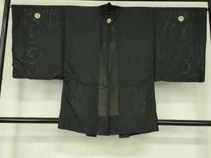 平和屋着物▽男性　黒紋付羽織　スリーシーズン　春夏秋　塵除け　絽　正絹　逸品　DABF3652op