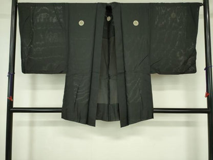 平和屋着物▽男性　黒紋付羽織　スリーシーズン　春夏秋　塵除け　絽　正絹　逸品　DABF3652op