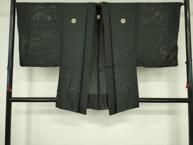 平和屋着物▽男性　黒紋付羽織　スリーシーズン　春夏秋　塵除け　絽　正絹　逸品　DABF3652op