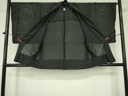平和屋着物▽男性　黒紋付羽織　スリーシーズン　春夏秋　塵除け　絽　正絹　逸品　DABF3652op