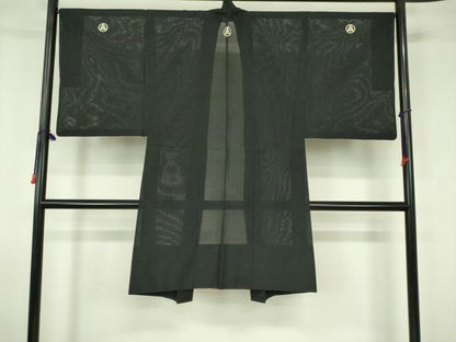 平和屋着物▽男性　黒紋付羽織　スリーシーズン　春夏秋　塵除け　絽　正絹　逸品　DABF3653op