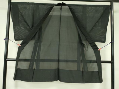 平和屋着物▽男性　黒紋付羽織　スリーシーズン　春夏秋　塵除け　絽　正絹　逸品　DABF3653op