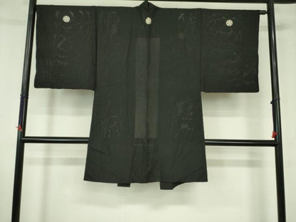 平和屋着物▽男性　黒紋付羽織　スリーシーズン　春夏秋　塵除け　絽　正絹　逸品　DABF3654op