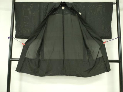 平和屋着物▽男性　黒紋付羽織　スリーシーズン　春夏秋　塵除け　絽　正絹　逸品　DABF3654op