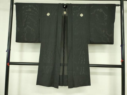 平和屋着物▽男性　黒紋付羽織　スリーシーズン　春夏秋　塵除け　絽　正絹　逸品　DABF3655op