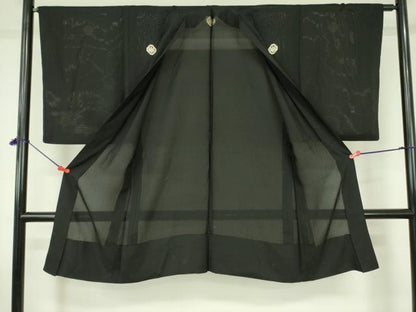 平和屋着物▽男性　黒紋付羽織　スリーシーズン　春夏秋　塵除け　絽　正絹　逸品　DABF3655op