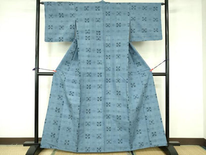 平和屋着物▽上質な紬　単衣　格子花文　正絹　逸品　DABF3660op
