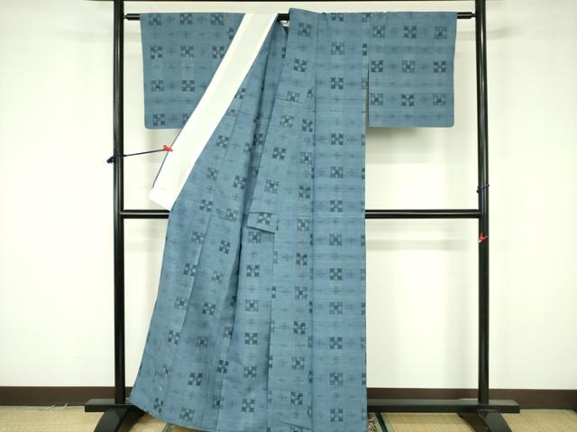 平和屋着物▽上質な紬　単衣　格子花文　正絹　逸品　DABF3660op