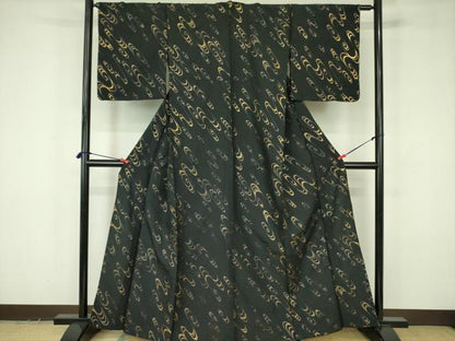 平和屋着物▽小紋　単衣　光琳水　黒地　金彩　洗える着物　未使用　DABF3661op
