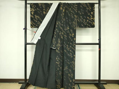 平和屋着物▽小紋　単衣　光琳水　黒地　金彩　洗える着物　未使用　DABF3661op