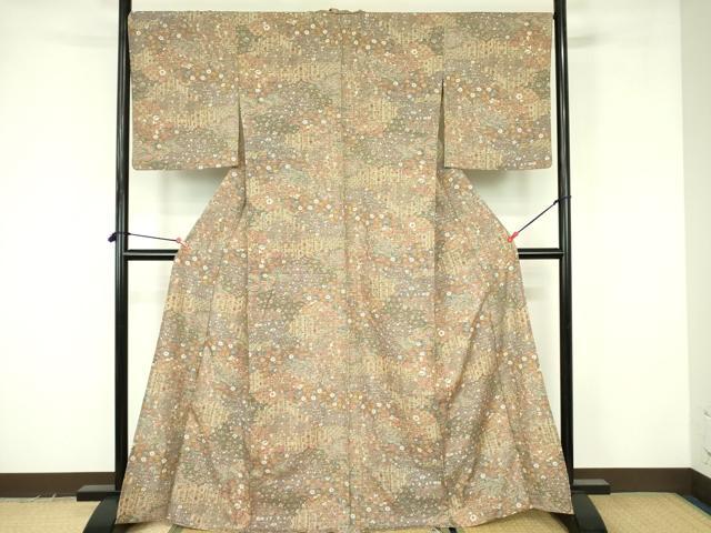 平和屋着物▽小紋　単衣　更紗花文　洗える着物　DABF3663op