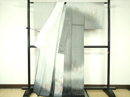 平和屋着物▽訪問着　単衣　無双　紗×絽　白鷺 シロサギ　暈し染め　金彩　ロング丈　正絹　逸品　DABF3666op