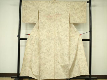 平和屋着物▽上質な紬　単衣　草花文　正絹　逸品　DABF3670op