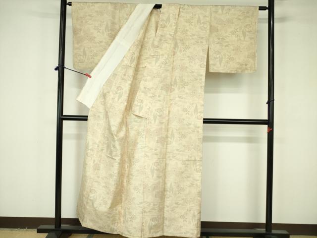 平和屋着物▽上質な紬　単衣　草花文　正絹　逸品　DABF3670op