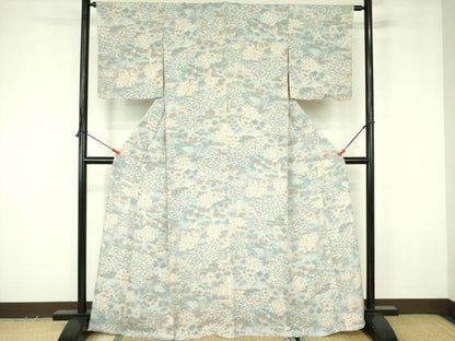 平和屋着物▽上質な小紋　単衣　風景花文　鬼しぼ縮緬　正絹　逸品　DABF3671op