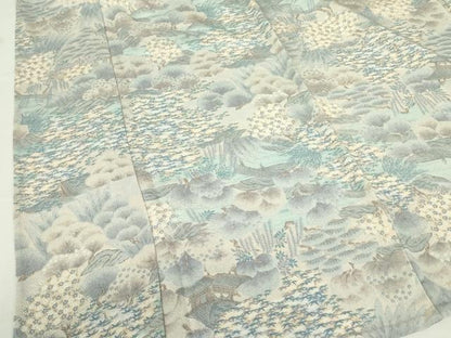 平和屋着物▽上質な小紋　単衣　風景花文　鬼しぼ縮緬　正絹　逸品　DABF3671op