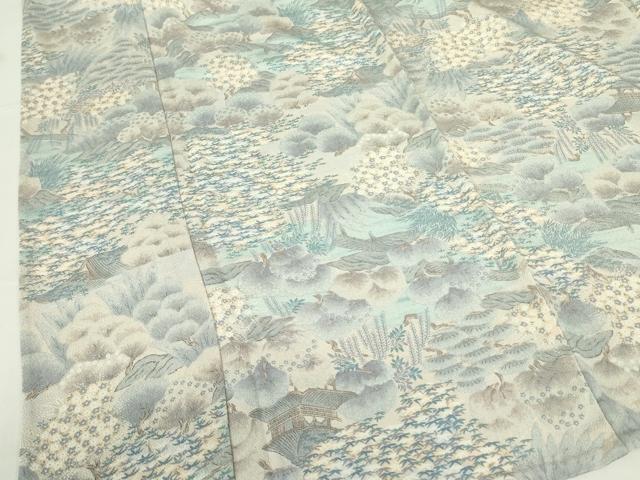 平和屋着物▽上質な小紋　単衣　風景花文　鬼しぼ縮緬　正絹　逸品　DABF3671op