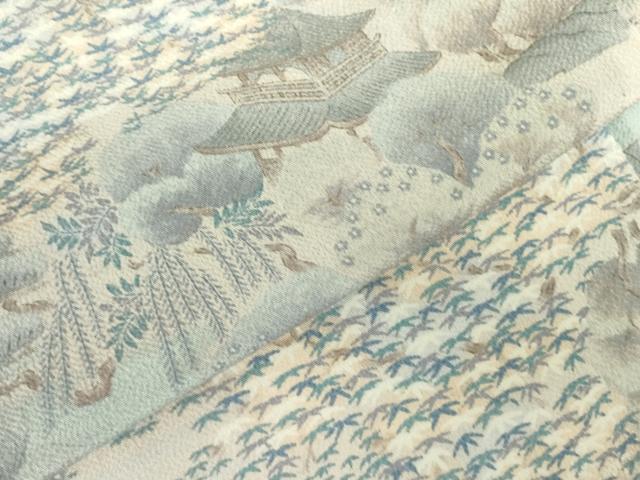 平和屋着物▽上質な小紋　単衣　風景花文　鬼しぼ縮緬　正絹　逸品　DABF3671op