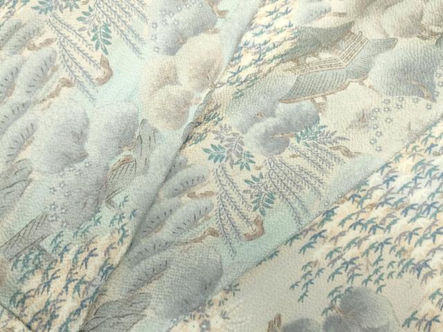 平和屋着物▽上質な小紋　単衣　風景花文　鬼しぼ縮緬　正絹　逸品　DABF3671op