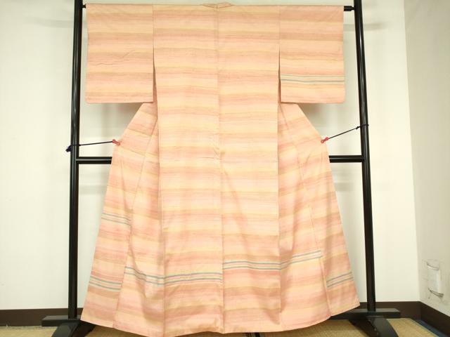 平和屋着物●紅花紬　米沢　訪問着　横段文　正絹　逸品　DABF3678op
