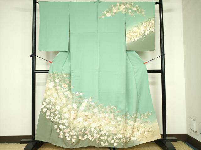 平和屋着物●訪問着　駒刺繍　枝梅　草花　暈し染め　金彩　正絹　逸品　DABF3679op