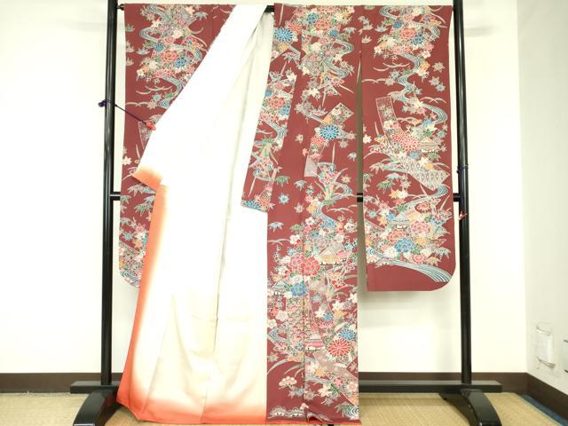 平和屋着物●豪華振袖　型染　風景花熨斗文　正絹　逸品　DABF3688op