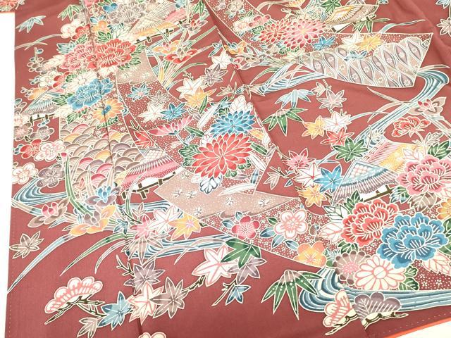 平和屋着物●豪華振袖　型染　風景花熨斗文　正絹　逸品　DABF3688op