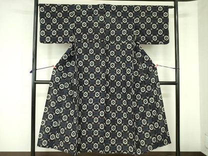 平和屋着物●久留米絣　単衣　花繋ぎ　綿　逸品　DABF3705op