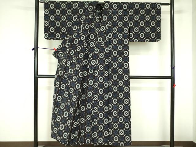 平和屋着物●久留米絣　単衣　花繋ぎ　綿　逸品　DABF3705op