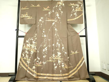 平和屋着物●創業460年・千總　訪問着　駒刺繍　枝垂れ桜　草花文　金彩　そごう百貨店扱い　正絹　逸品　DABF3709op