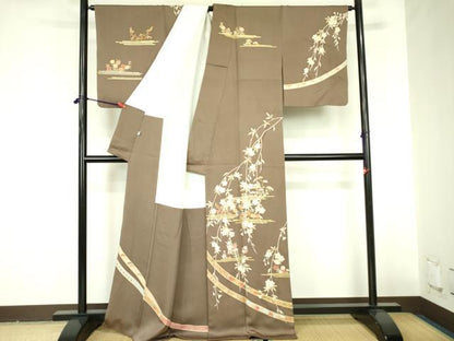 平和屋着物●創業460年・千總　訪問着　駒刺繍　枝垂れ桜　草花文　金彩　そごう百貨店扱い　正絹　逸品　DABF3709op