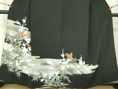 平和屋着物▼豪華黒留袖　刺繍　枝梅に小鳥　金彩　正絹　逸品　DABF3762op