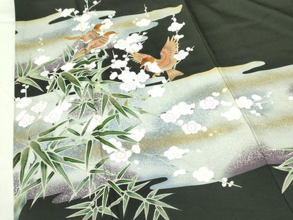 平和屋着物▼豪華黒留袖　刺繍　枝梅に小鳥　金彩　正絹　逸品　DABF3762op