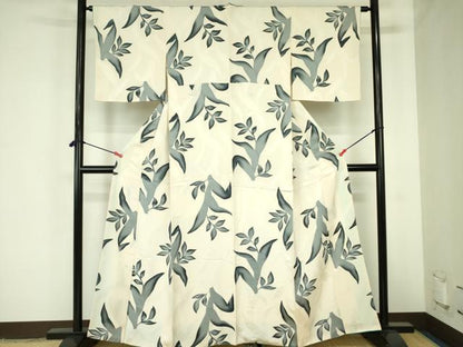 平和屋着物▼上質な小紋　地紋起こし　草葉文　正絹　逸品　DABF3775op