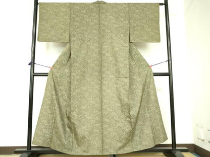 平和屋着物▽上質な小紋　単衣　紬地　型染　花唐草文　正絹　逸品　DABF3786op