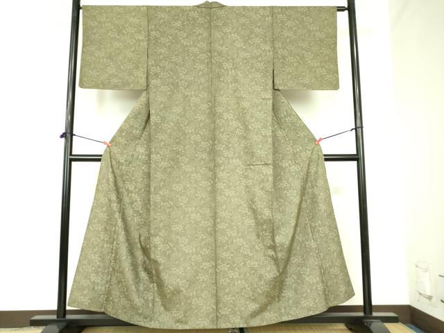 平和屋着物▽上質な小紋　単衣　紬地　型染　花唐草文　正絹　逸品　DABF3786op