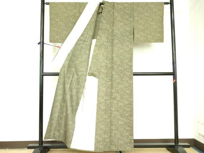 平和屋着物▽上質な小紋　単衣　紬地　型染　花唐草文　正絹　逸品　DABF3786op