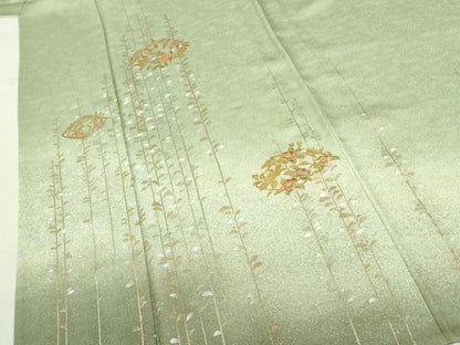 平和屋着物▽訪問着　単衣　刺繍　草花　暈し染め　金銀彩　正絹　逸品　DABF3792op