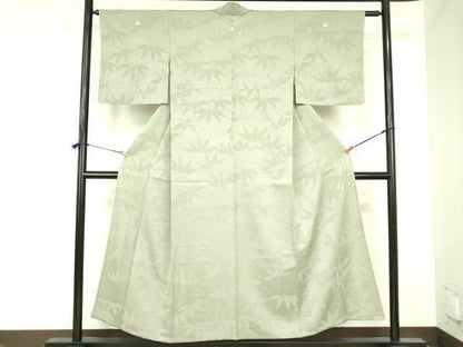 平和屋着物▽上質な色無地　単衣　笹の葉地紋　若葉色　正絹　逸品　DABF3793op