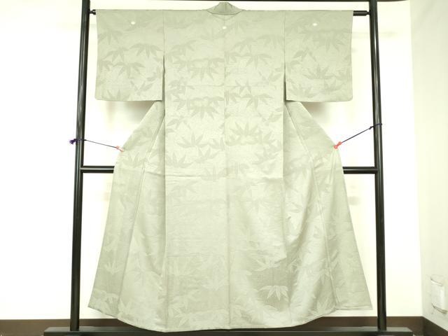 平和屋着物▽上質な色無地　単衣　笹の葉地紋　若葉色　正絹　逸品　DABF3793op