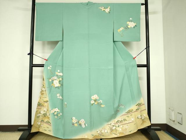 平和屋着物▽訪問着　単衣　枝梅　草花　暈し染め　金彩　正絹　逸品　DABF3797op