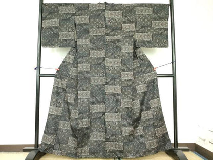 平和屋着物▽上質な紬　単衣　麻の葉花文　正絹　逸品　DABF3799op