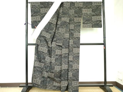 平和屋着物▽上質な紬　単衣　麻の葉花文　正絹　逸品　DABF3799op