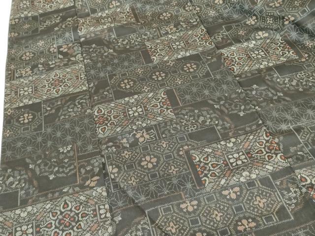 平和屋着物▽上質な紬　単衣　麻の葉花文　正絹　逸品　DABF3799op