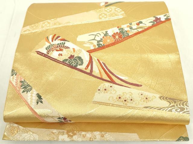 平和屋着物◎六通柄袋帯　唐織　鳳凰扇子花文　金糸　正絹　逸品　DABF3810op