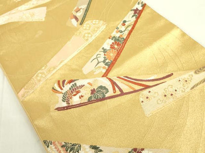 平和屋着物◎六通柄袋帯　唐織　鳳凰扇子花文　金糸　正絹　逸品　DABF3810op