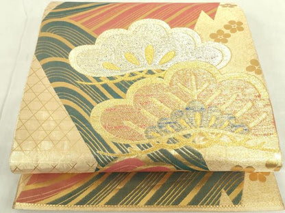平和屋着物◎佐賀錦　両面　六通柄袋帯　流水松文　金糸　正絹　逸品　DABF3815op