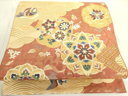 平和屋着物◎六通柄袋帯　上金紹巴　花鳥遊華文　金糸　正絹　逸品　DABF3822op