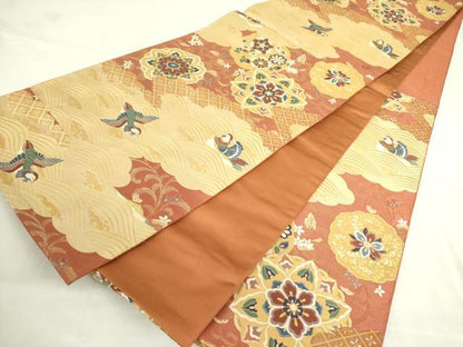 平和屋着物◎六通柄袋帯　上金紹巴　花鳥遊華文　金糸　正絹　逸品　DABF3822op